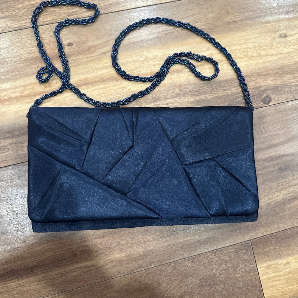 Chic Navy Blue Satin Clutch by Nina with Beaded Strap